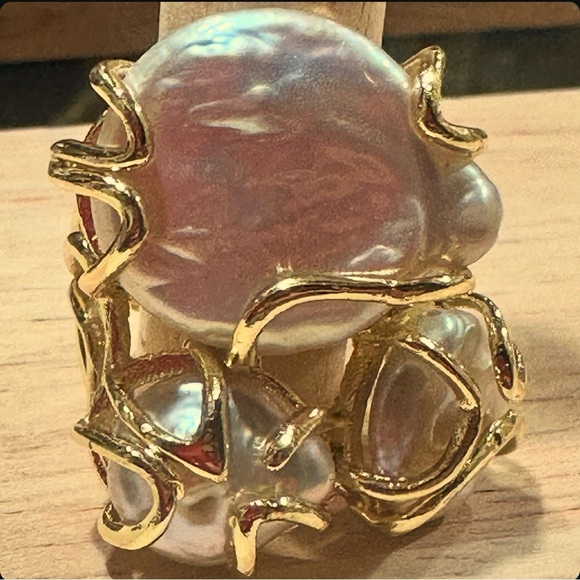 NEW Natural Freshwater Pearl GoldPlated Abstract Wrapped Adjustable Trilogy Ring - Picture 4 of 16